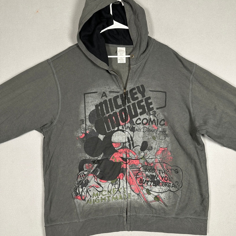 Disney Store Hoodie Mens 2XL Mickey Mouse Comic Graphic Grey Full Zip Jacket EUC
